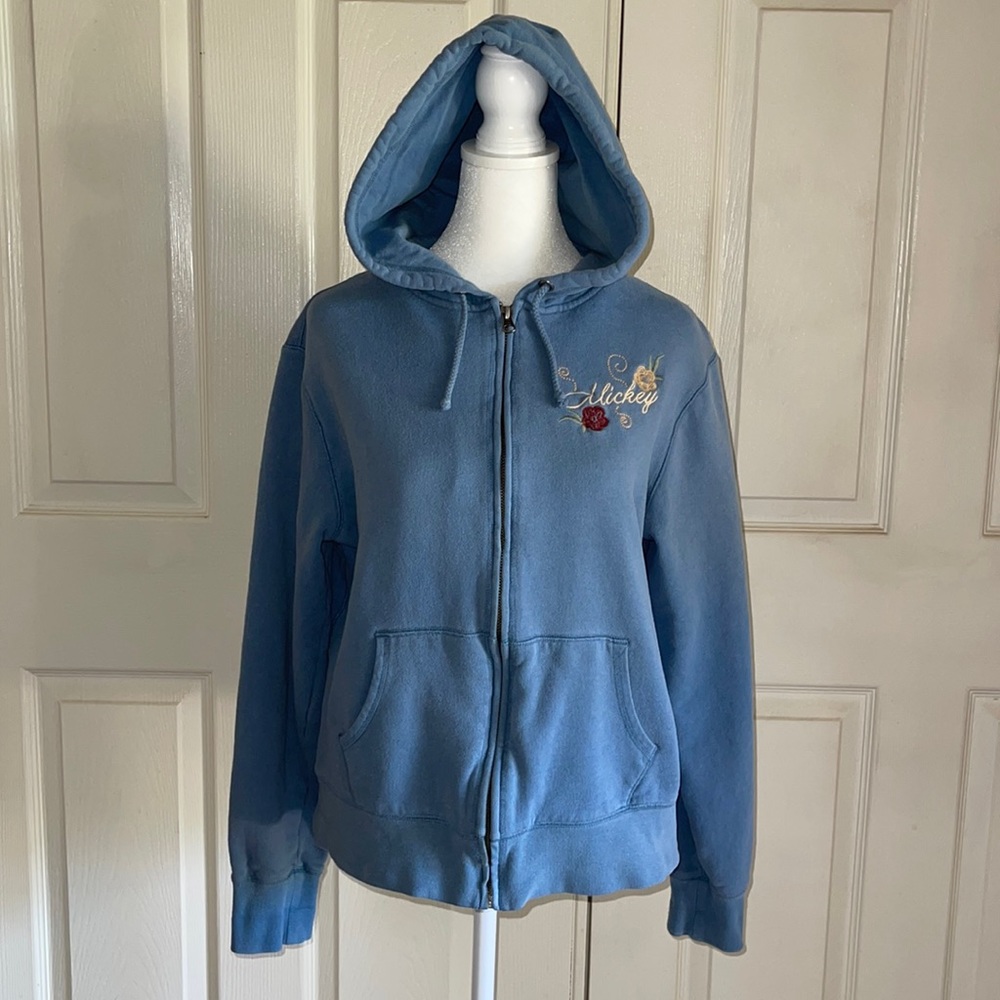 Disneyland Light Blue Mickey Mouse Embroidered Zip Hoodie. Kids Large.